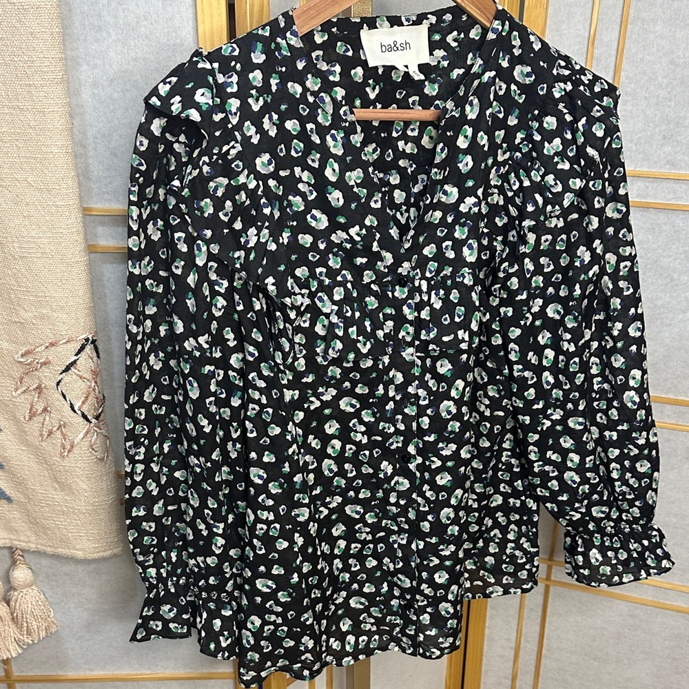 ba&sh Paris Floral Ruffle Blouse – Black Multicolor – Size L (US 8)